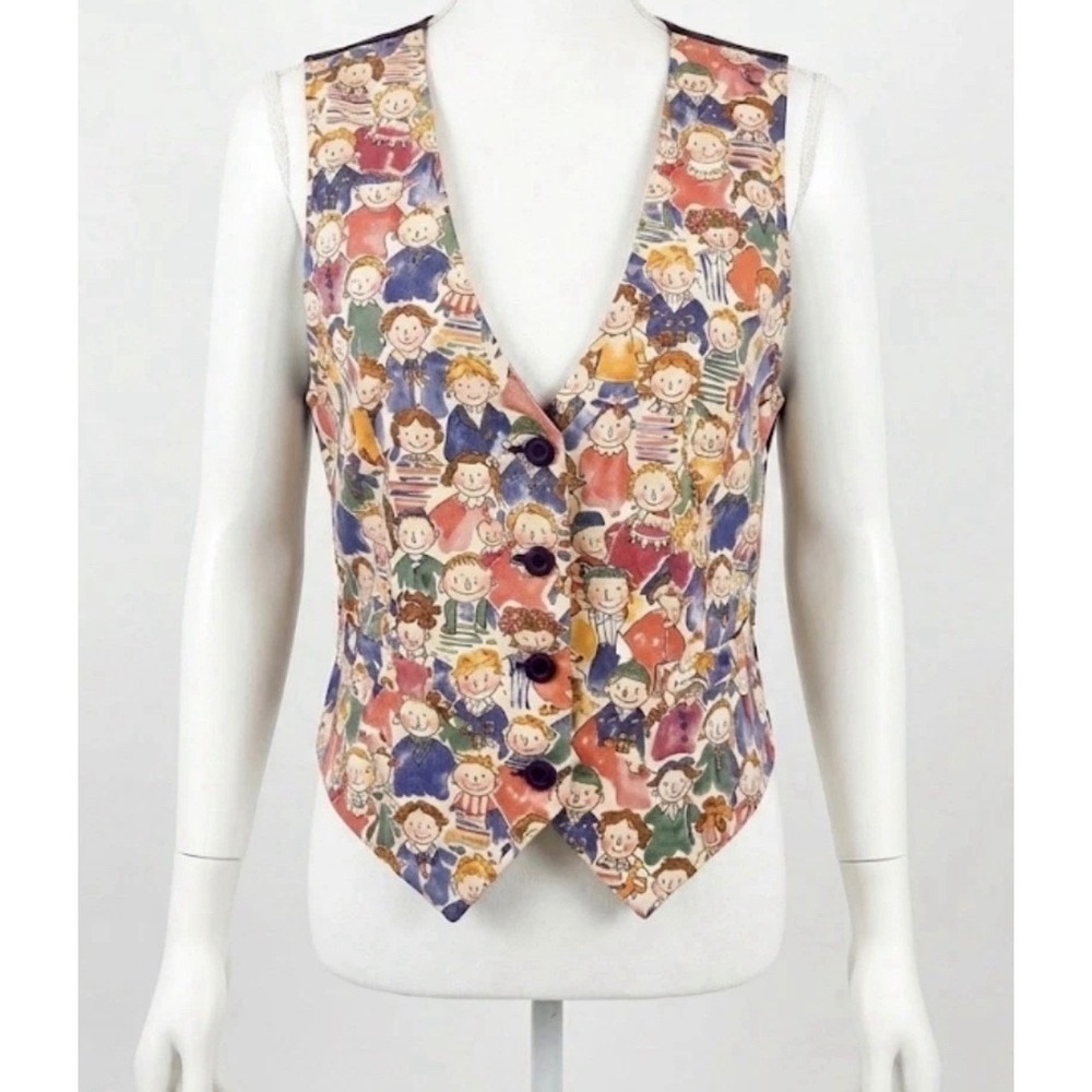 Vintage 90s Sostanza Vest Small Novelty Print Smiling Faces Educator Teacher